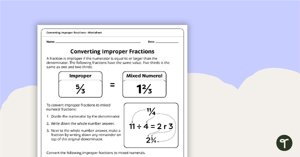 Preview image for Converting Improper Fractions – Worksheet - teaching resource