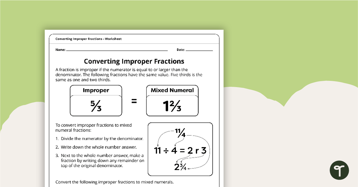 Converting Improper Fractions – Worksheet teaching resource