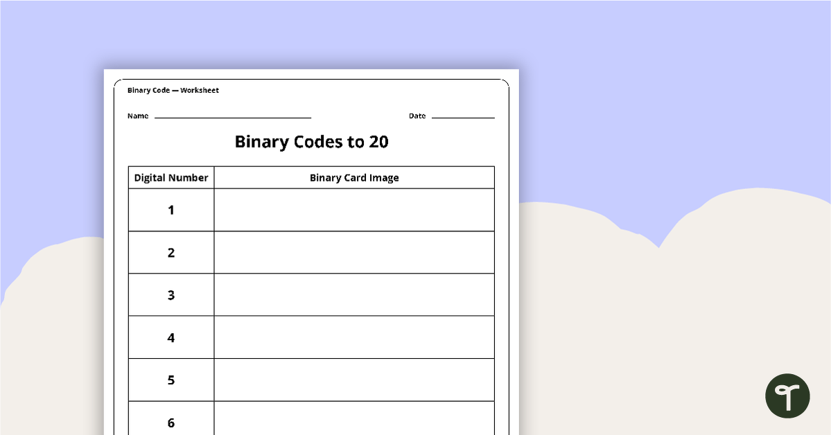 Binary Codes to 20 without Guide Dots - Worksheet teaching resource
