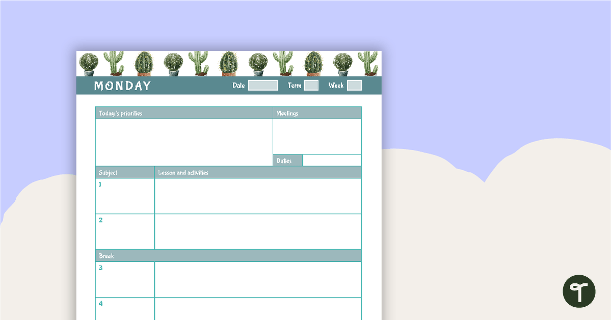 Cactus Printable Teacher Diary – Day Planner teaching resource