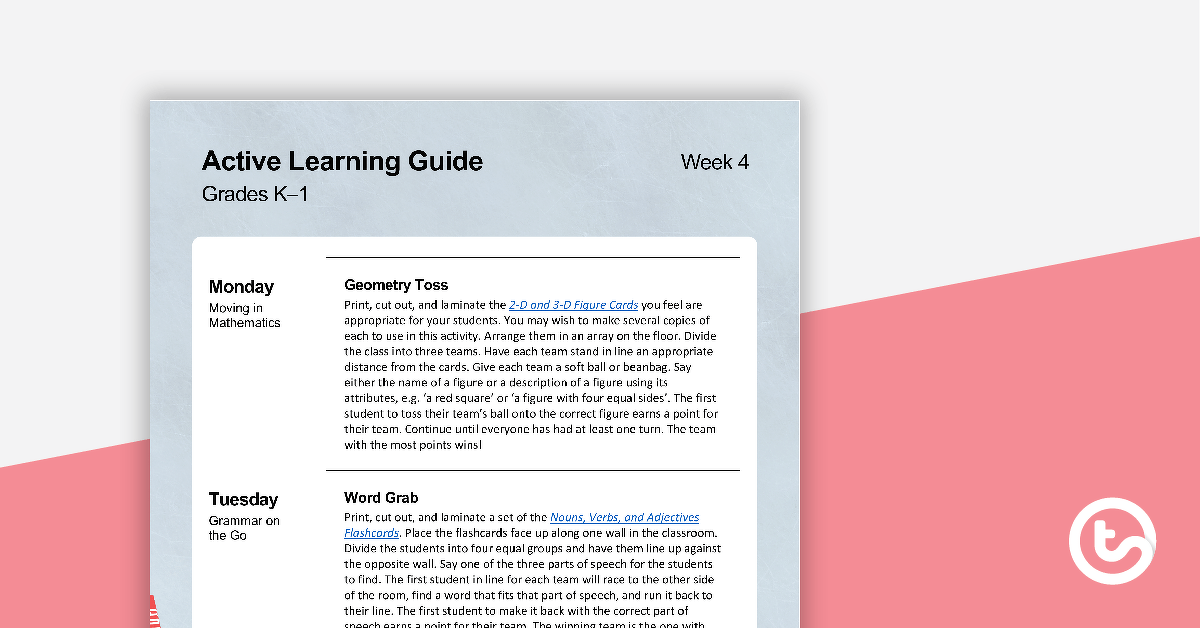 Active Learning Guide for Grades K-1 - Week 4 teaching resource