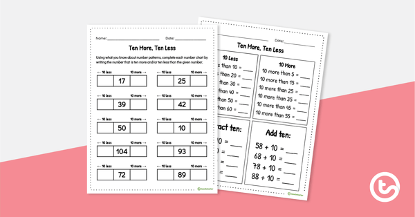 Image of Ten More, Ten Less Worksheet