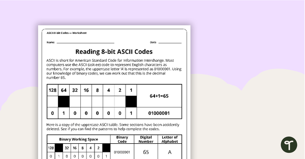 Go to Reading 8-bit ASCII Codes - Worksheet teaching resource
