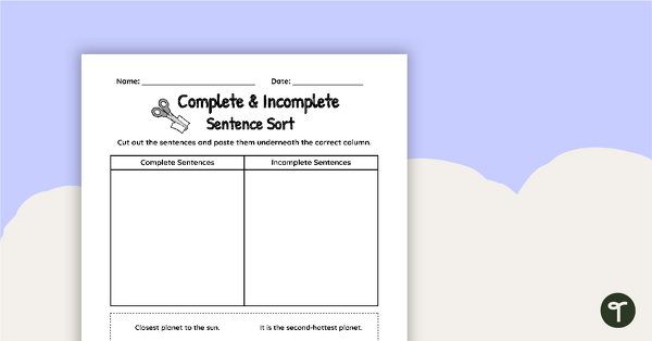 完整和不完整句子排序工作表的预览图像 - 教学资源