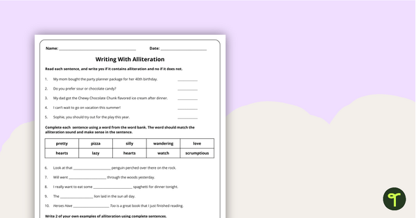 Go to Writing with Alliteration Worksheet teaching resource