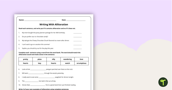 Go to Writing With Alliteration Worksheet teaching resource