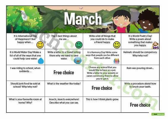 Assorted Writing Prompts Calendar - Lower Primary teaching resource