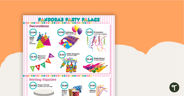 Pandora's Party Palace Math Activity - Middle Years Version teaching resource