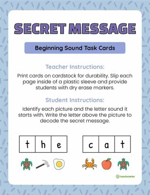 Secret Message Task Cards - Beginning Sounds teaching resource