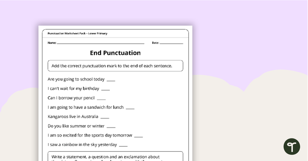 Punctuation Worksheet Pack - Lower Primary teaching resource