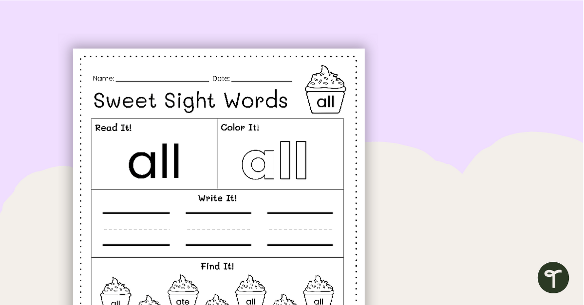 Sweet Sight Words Worksheet - ALL teaching resource