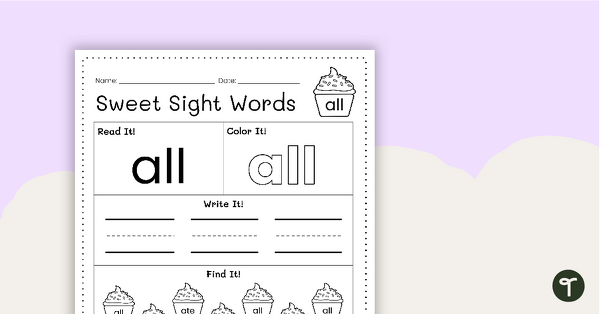 Sweet Sight Words Worksheet - ALL teaching resource