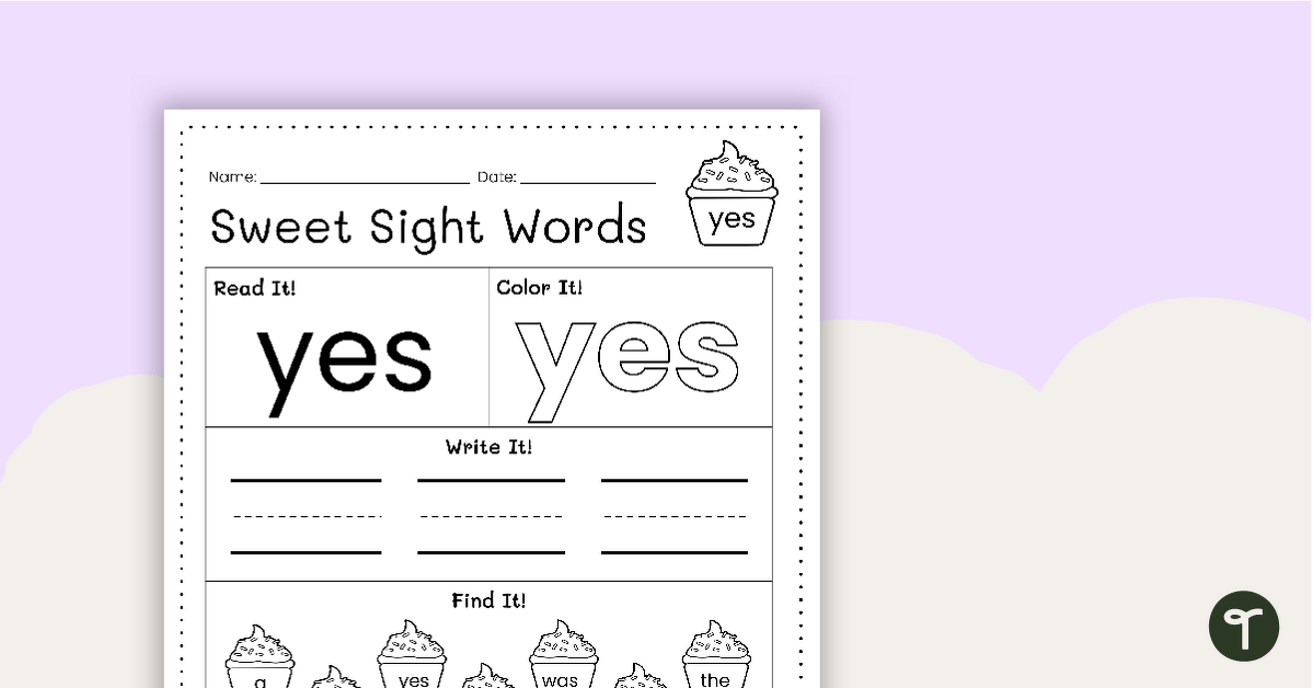Sweet Sight Words Worksheet - YES teaching resource