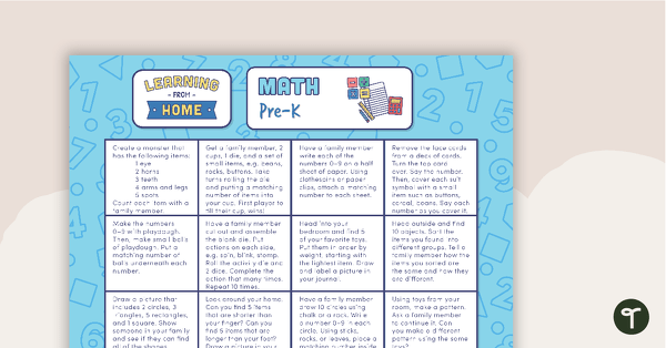Pre–K – Week 3 Learning from Home Activity Grids teaching resource