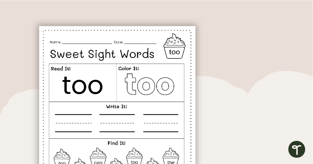 Sweet Sight Words Worksheet - TOO teaching resource