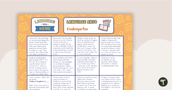 Kindergarten – Week 3 Learning from Home Activity Grids teaching resource
