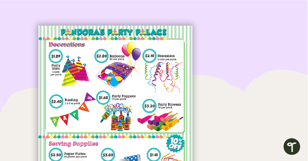 Pandora's Party Palace Maths Activity – Upper Years teaching resource