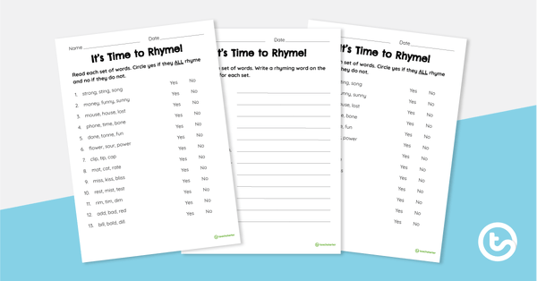Go to It's Time to Rhyme! Worksheet teaching resource