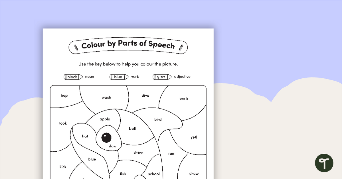 Colour by Parts of Speech - Nouns, Verbs & Adjectives - Whale teaching resource