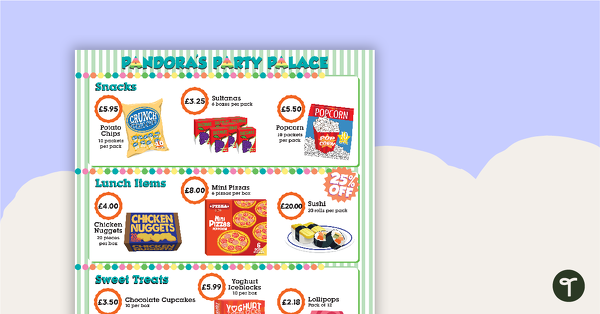 Go to Pandora's Party Palace Maths Activity – Upper Years teaching resource