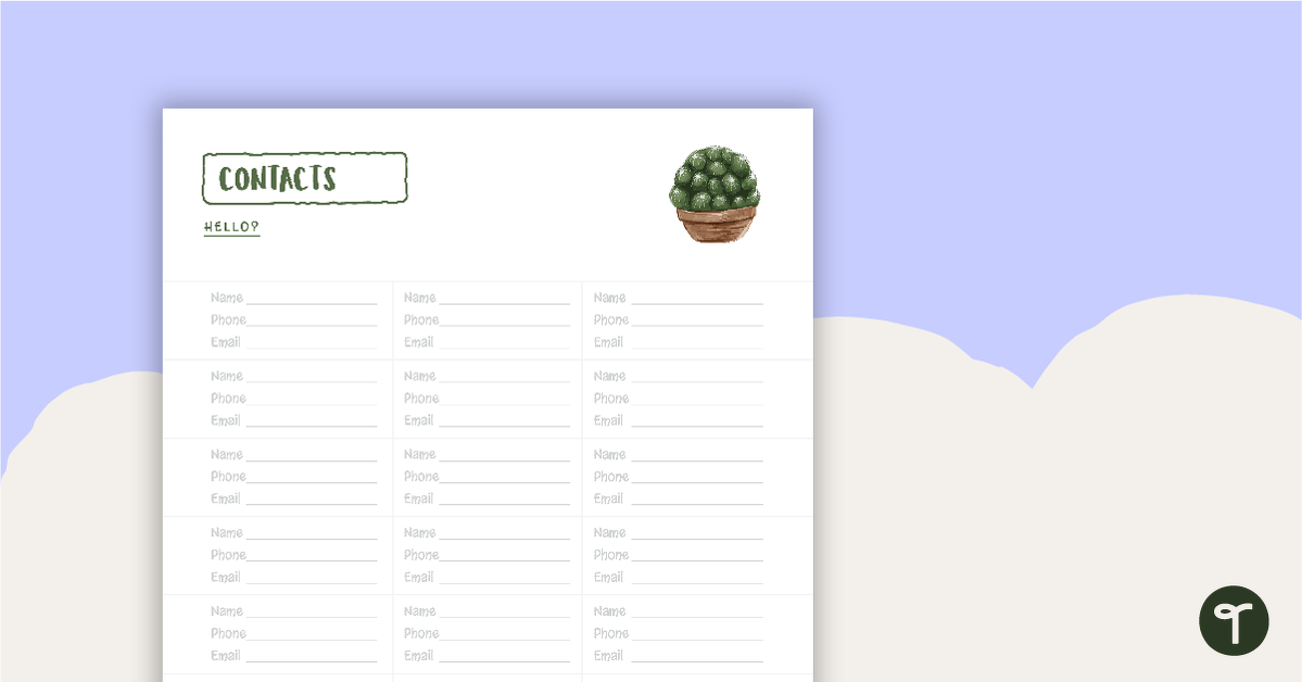 Cactus Printable Teacher Diary – Contacts Page teaching resource