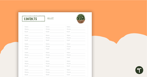 Cactus Printable Teacher Planner – Contacts Page teaching resource
