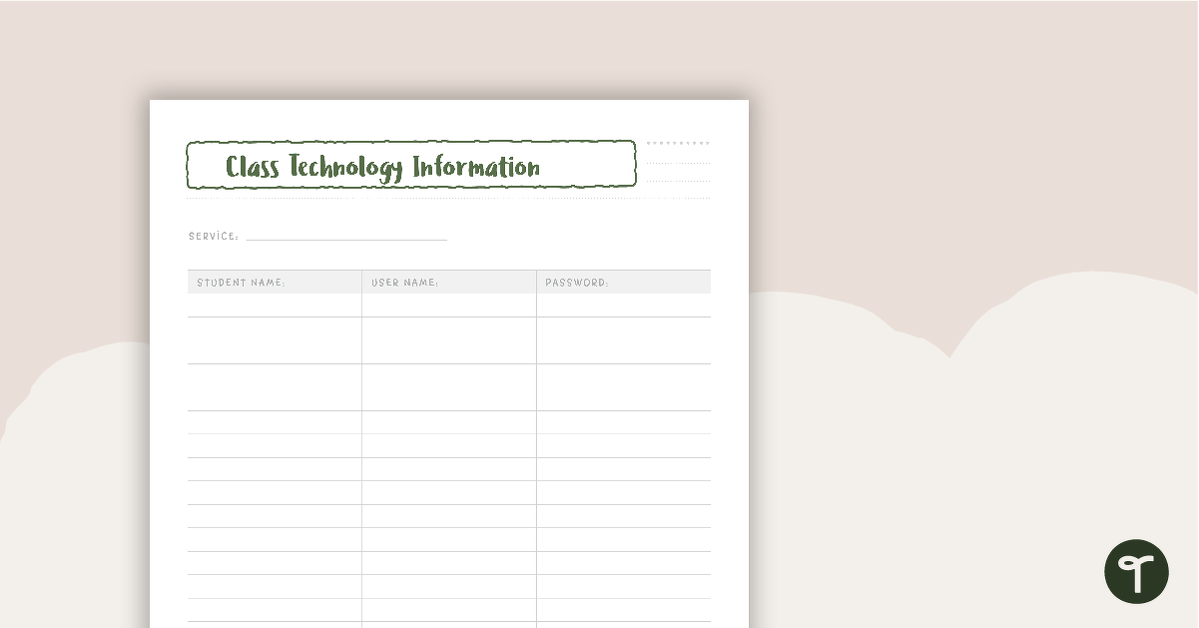 Cactus Printable Teacher Diary – Technology Passwords Page (Class) teaching resource
