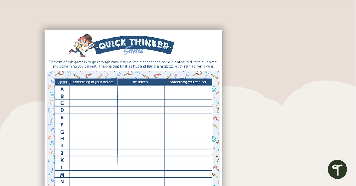 Quick Thinker Game – Worksheet teaching resource