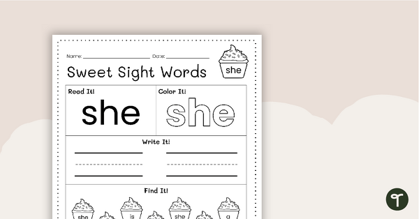 Sweet Sight Words Worksheet - SHE | Teach Starter