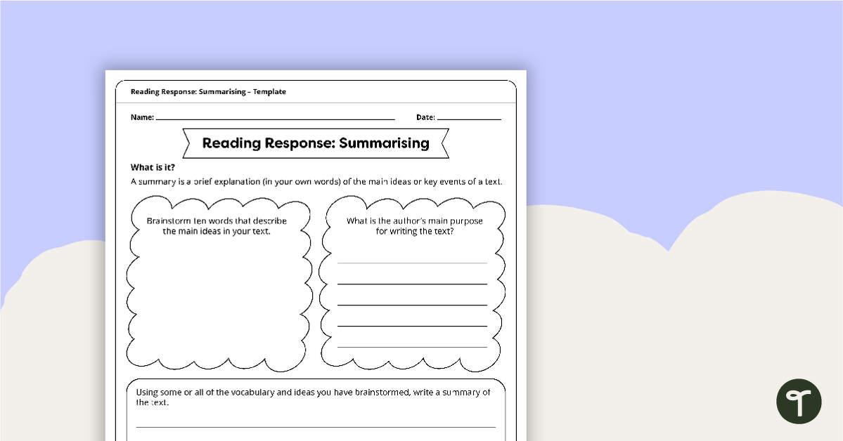 Reading Response Summarising – Template teaching resource