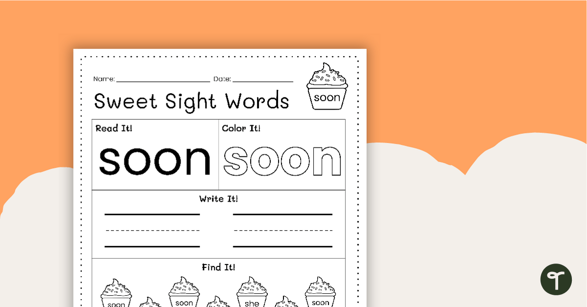 Sweet Sight Words Worksheet - SOON teaching resource
