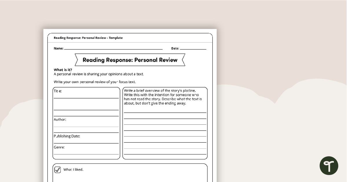 Reading Response Personal Review – Template teaching resource