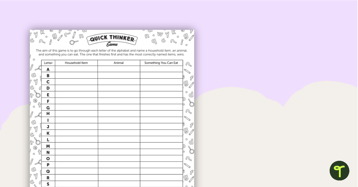 Quick Thinker Game for Kids Worksheet teaching resource
