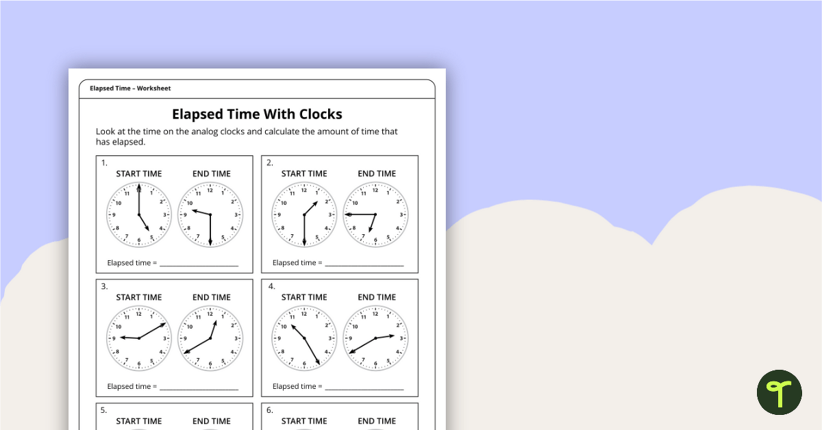 Elapsed Time With Clocks – Worksheet teaching resource
