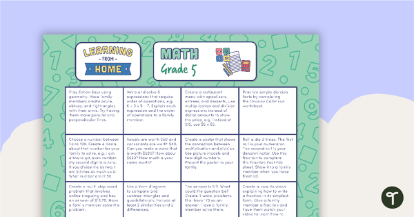 Grade 5 – Week 4 Learning from Home Activity Grids teaching resource