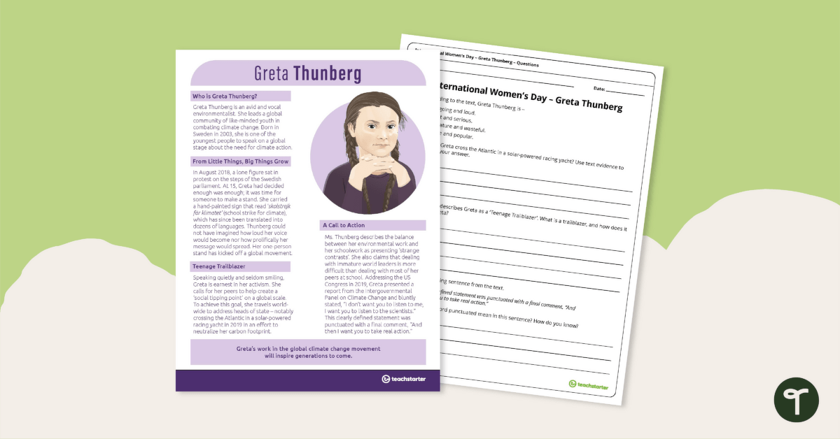 Inspirational Woman Profile: Greta Thunberg – Comprehension Worksheet teaching resource