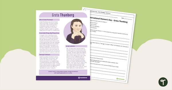 预览图像放大e for Inspirational Woman Profile: Greta Thunberg – Comprehension Worksheet - teaching resource