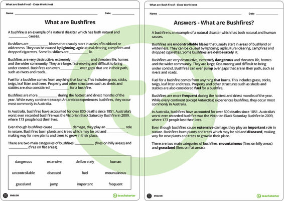 What are Bushfires? Cloze Worksheet teaching resource