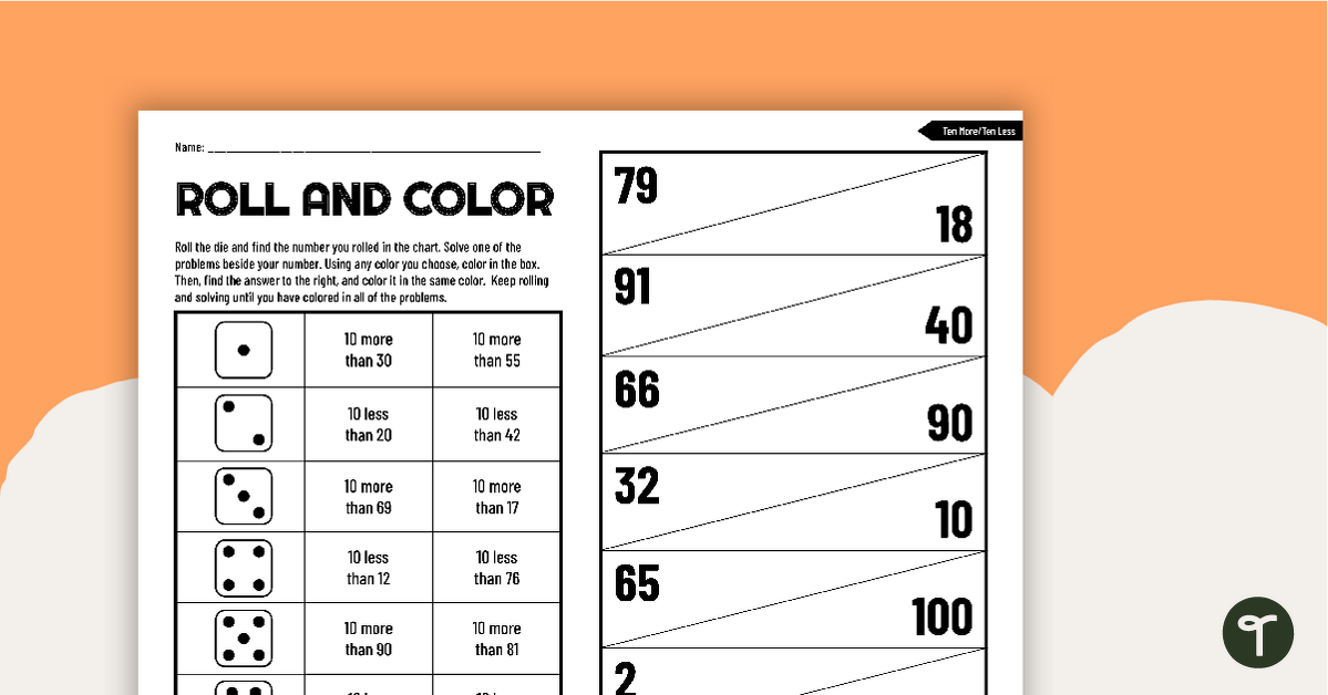 Roll and Color Worksheet for Ten More, Ten Less teaching resource