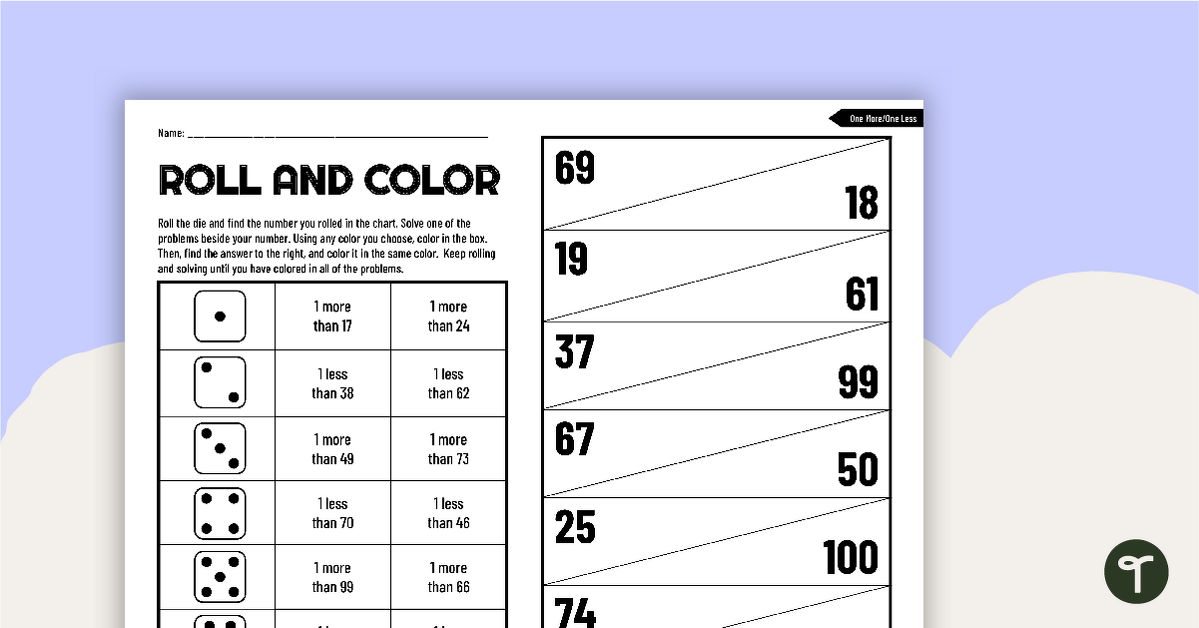 Roll and Color Worksheet - One More, One Less teaching resource