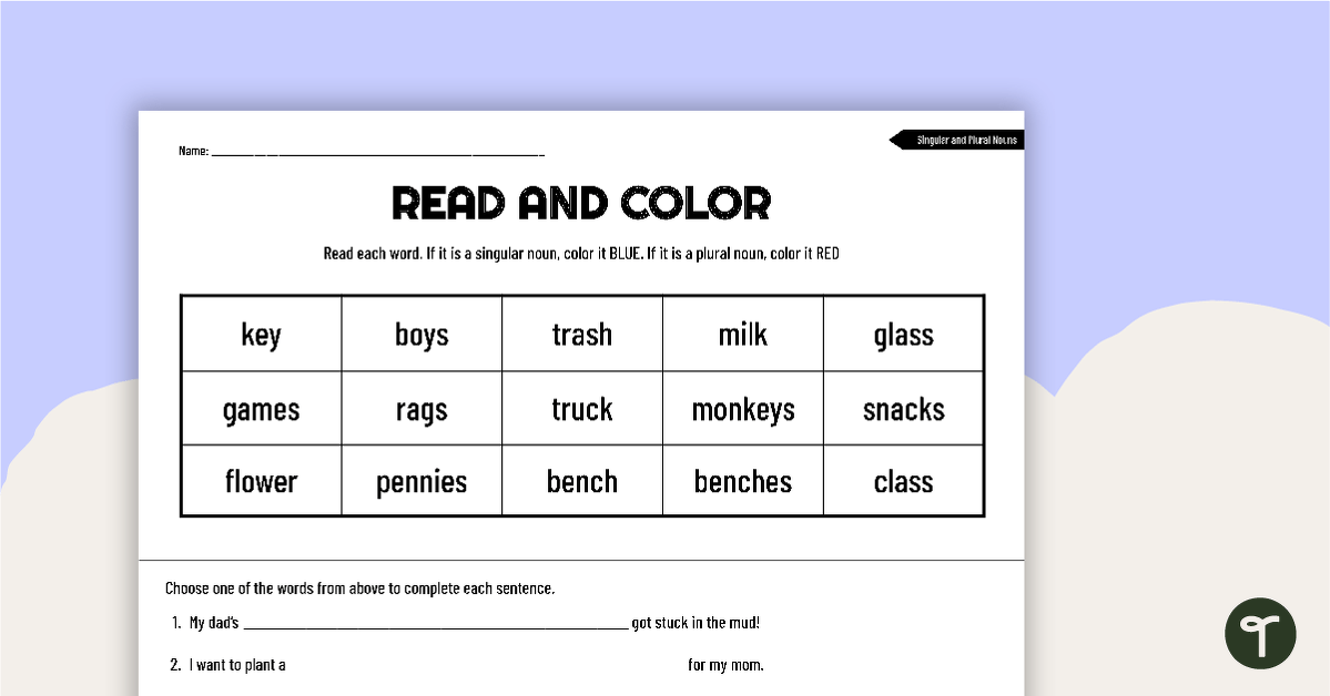 Read and Color Worksheet - Singular and Plural Nouns teaching resource