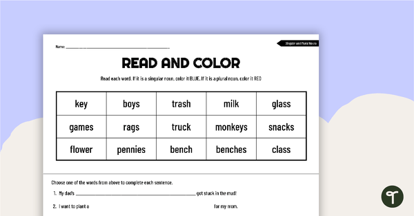 read and color worksheet singular and plural nouns teach starter