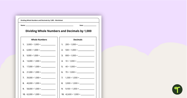 Preview image for Dividing by 1,000 Worksheet - teaching resource