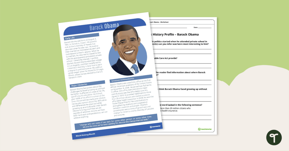 Black History Profile: Barack Obama - Comprehension Worksheet teaching resource