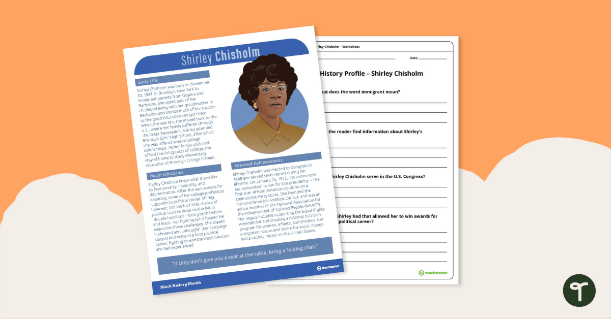 Black History Profile: Shirley Chisholm - Comprehension Worksheet teaching resource