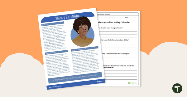 Go to Black History Profile: Shirley Chisholm - Comprehension Worksheet teaching resource