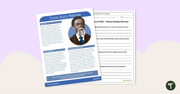 Go to Black History Profile: Thomas Mundy Peterson - Comprehension Worksheet teaching resource