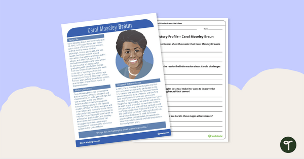 Go to Black History Profile: Carol Moseley Braun - Comprehension Worksheet teaching resource