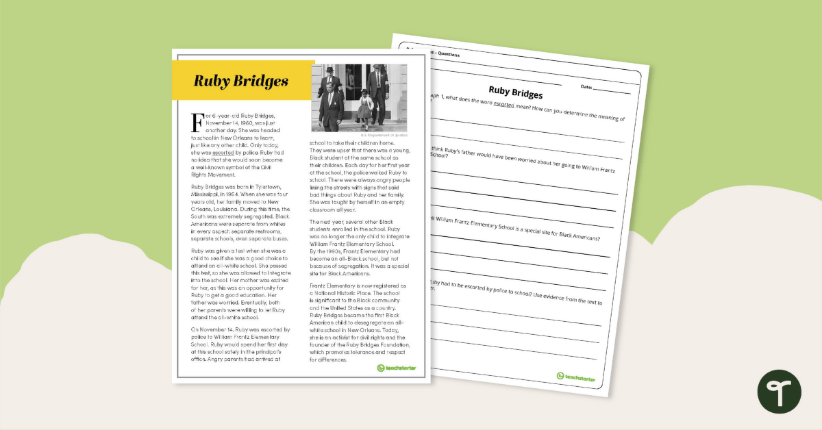 Ruby Bridges – Comprehension Task teaching resource