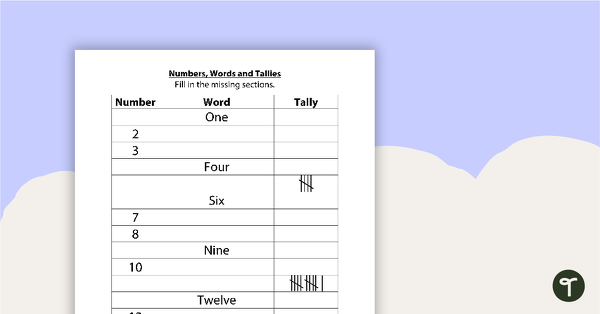 Numbers, Words and Tallies Worksheet teaching resource